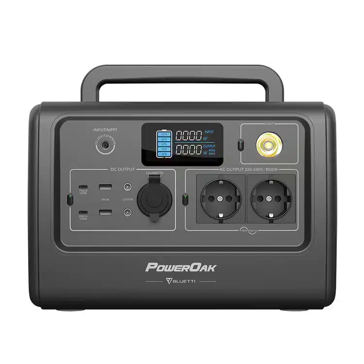 Batterie EB70 Bluetti sur fond blanc avec la poignée sortie