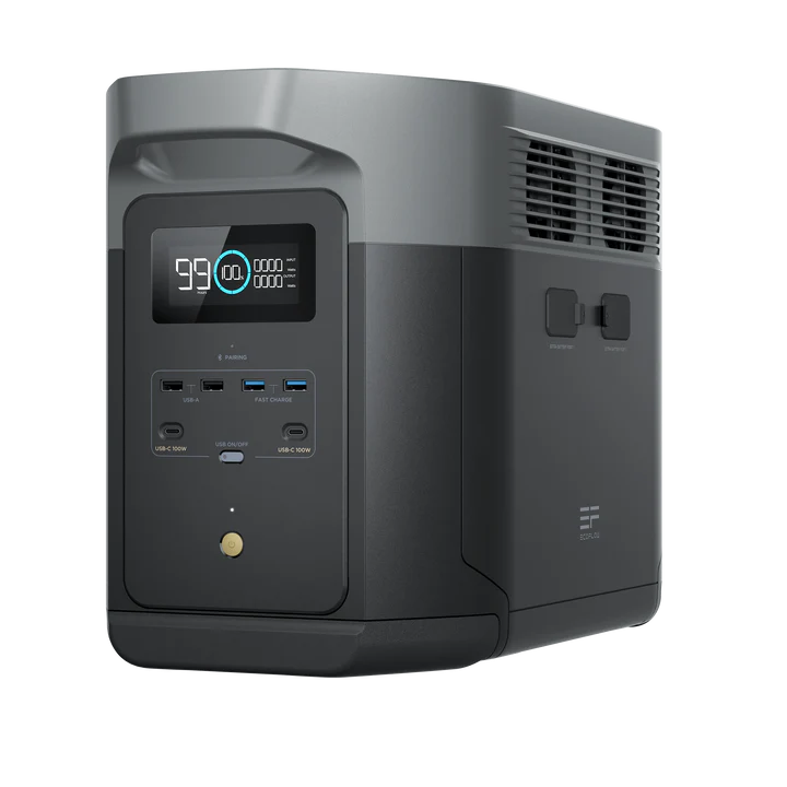 Batterie nomade Ecoflow Delta 2 max sur fond blanc vue anglée