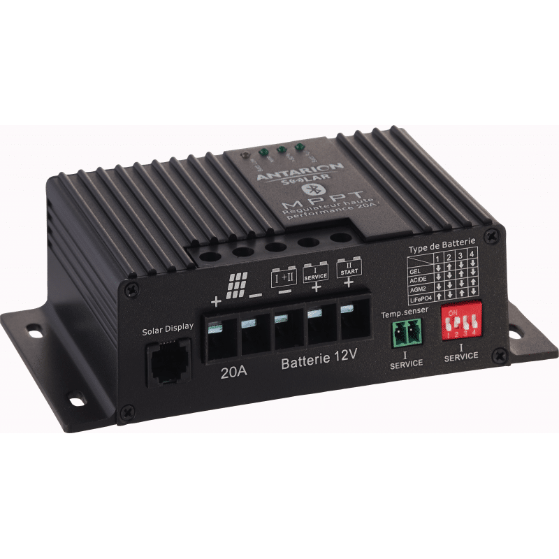 Régulateur solaire MPPT 20A Bluetooth Antarion vu de face