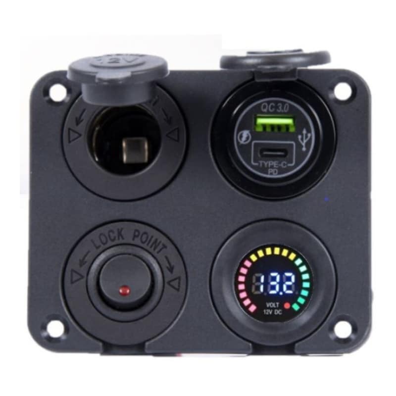 Mini Tableau L 12V + USB/C + Voltmètre Pro en carré vu de face