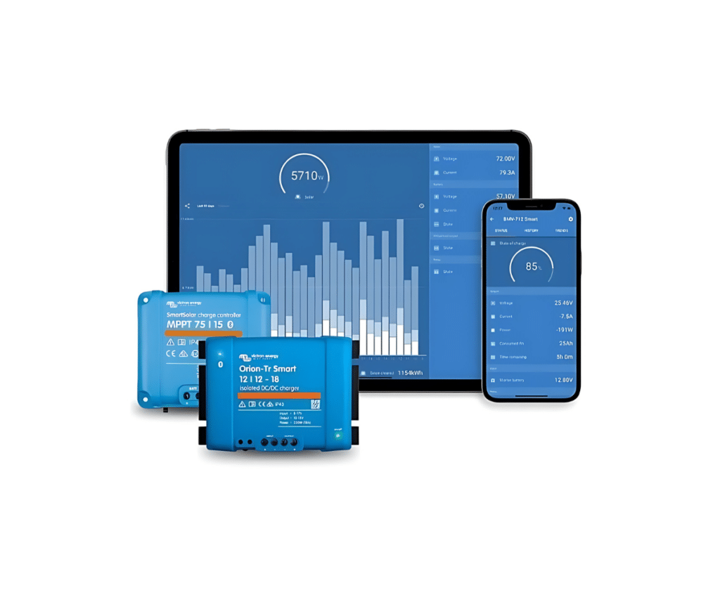 utilisation de l'application Victron Connect sur PC et smartphone avec des appareils et équipements Victron dans un camping-car