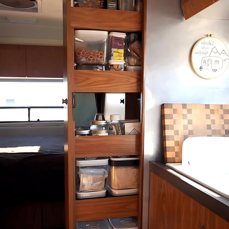étagère coulissante en bois pour un van