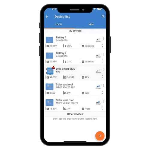 utilisation de l'application Victron Connect sur PC et smartphone avec des appareils et équipements Victron dans un camping-car. Liste des équipements connectés