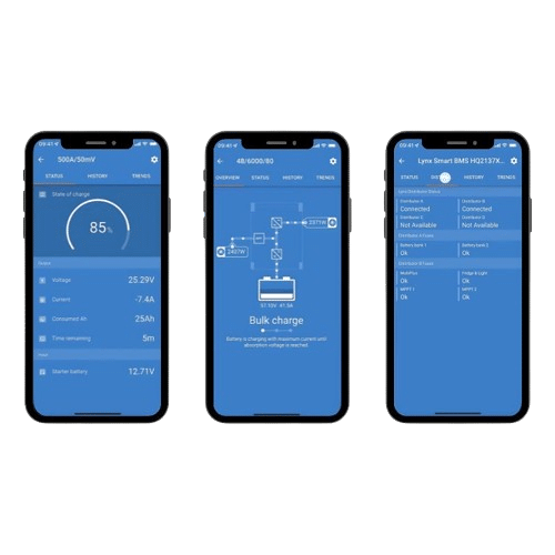 utilisation de l'application Victron Connect sur PC et smartphone avec des appareils et équipements Victron dans un camping-car. Interface de l'appli