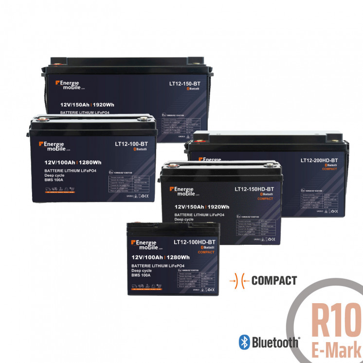 Batterie Lithium LiFePo4 energie mobile en 100Ah. Photo de la gamme complete de batterie lithium Energie mobile LT-BT bLuetooth