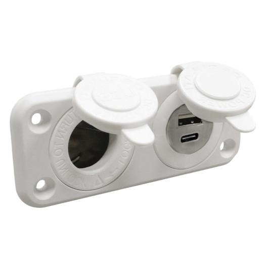 PRISE ALLUME-CIGARE + USB-A + USB-C BLANC OSCULATI par Captivan, idéal pour bateau et camping-car, alimentation 12/24 V.