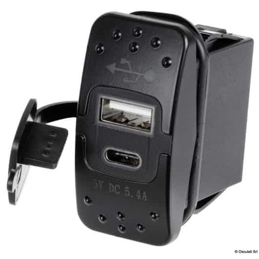 INTERRUPTEUR USB-2,4 & USB-C OSCULATI de Captivan, idéal pour bateau et camping-car, s'installe en encastré, alimentation 12V/24V.
