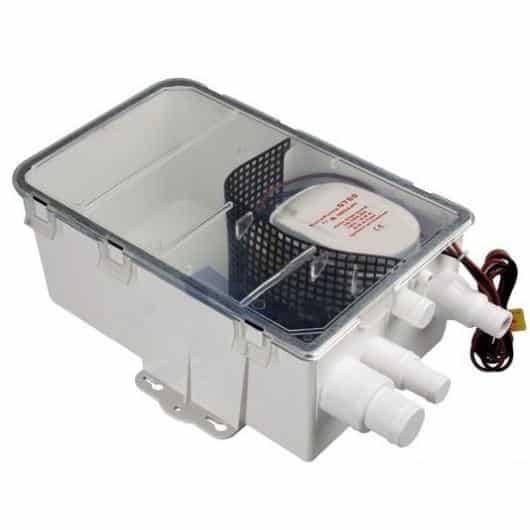 RÉCUPÉRATEUR D'EAUX USÉES OSCULATI de Captivan, collecteur complet avec pompe automatique pour douches et lavabos de bateaux.