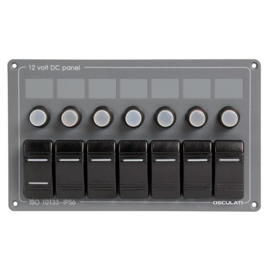 TABLEAU ÉLECTRIQUE ALU 7 INTERRUPTEURS OSCULATI - Captivan, tableau 12V pour bateaux et camping-cars, aluminium gris foncé, installation horizontale.