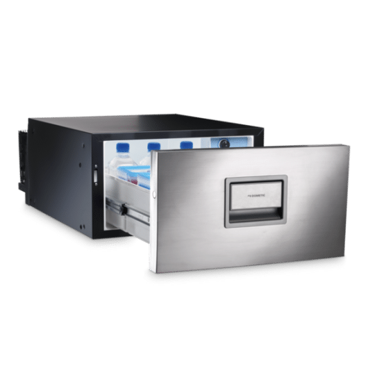 Tiroir réfrigérant COOLMATIC CD 30S DOMETIC 30L conçu pour bateau et van, disponible chez Captivan. Alimentation 12/24 V DC, façade inox.
