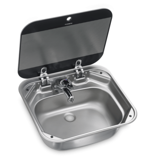 SNG 4237 DOMETIC lavabo inox Captivan, évier rectangle avec couvercle en verre trempé, idéal pour fourgons et camping-cars.